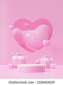 Valentine's Day Podium For Product Presentation In Pink White Romantic Background For Social Post 3d Render 

