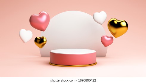 Valentines day podium surrounded by floating hearts in 3D rendering. Cylinder shape, pink and gold hearts for product display with valentine’s day concept. Pink white gold Pedestal 3D illustration - Powered by Shutterstock