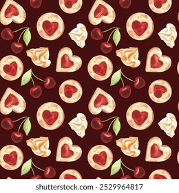 Valentine's Day red jam heart cookies, cherries and vanilla marshmallows. Seamless pattern on a dark background painted with watercolors. For design, textiles, wallpaper, fabric, packaging - Powered by Shutterstock