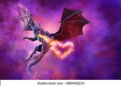 Valentines Day Romantic Background. Cute Flying Fantasy Dragon In Love Spitting Fire In Valentine Heart Form. Funny St.Valentine's Day Card Concept, Humorous Kawaii Animal Character Creature 3D Render