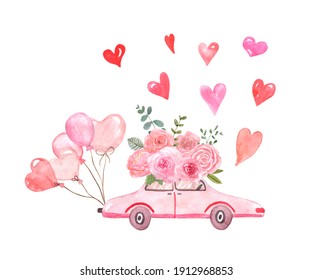 Valentine's Day Romantic Card With Cute Pink Car. Watercolor Parade Car, Air Balloons,roses Bouquet, Red Hearts, Isolated On White Background. Hand Drawn Holiday Illustration, Cartoon Style.