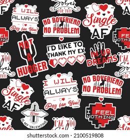 Valentine's Day Sarcastic Pattern. In Your Dreams, No Boyfriend No Problem, I Would Like To Thank My Ex Quotes Seamless Background. Sarcasm Wallpaper With Hearts, Wine Bottles, Cactus. Stock