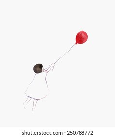 Valentine's day soft pastel background. Beautiful mother's day greeting card. Cute girl with balloon - illustration. Big red balloon. Happy birthday background. Bight holiday card. White Illustration.