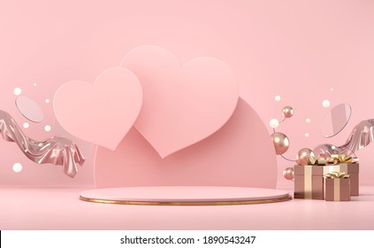 Valentine's day stage podium mock up with heart and gift boxes decoration product display showcase 3d render