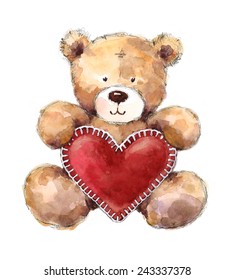 Valentine's Day Teddy Bear Heart Hand Painted Watercolor Illustration on white background