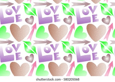 Valentine's day theme. Seamless pattern with arrow, hearts, kiss, lips, love text in dots. Raster pattern in pink, violet and green colors on a white background.