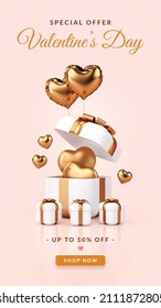 Valentines Day Vertical Social Media Story Post With Open Gift Box And Golden Hearts Inside On A Pink Background In 3D Rendering. Special Offer Marketing Concept