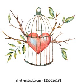Valentines day watercolor natural greeting card with tree twig, heart, leaves and cage, isolated vintage illustration, cute design elements 