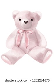 Valentines Day. Watercolor style illustration of a pink stuffed bear on the flat white background