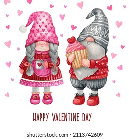 Valentines gnome couple, love Nordic gnome, Scandinavian gnomes,Watercolor girl and boy  gnome with mug and cupcake. Cute valentine's day postcard - Powered by Shutterstock