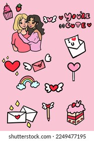 valentines set hearts letter strawberries girlfriend couple lesbian pink rainbow