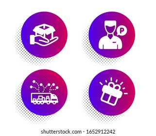 Valet Servant, Hold Box And Truck Delivery Icons Simple Set. Halftone Dots Button. Gift Sign. Parking Man, Delivery Parcel, Logistics. Marketing Box. Transportation Set.