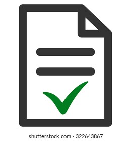 Valid Document glyph icon. Style is bicolor flat symbol, green and gray colors, rounded angles, white background.