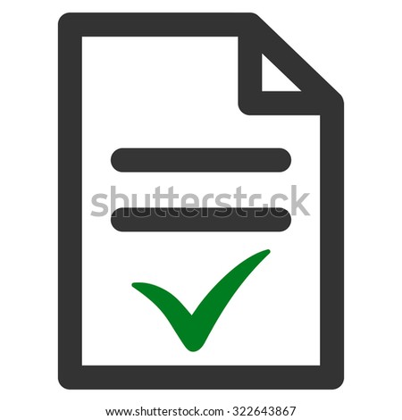 Valid Document glyph icon. Style is bicolor flat symbol, green and gray colors, rounded angles, white background.
