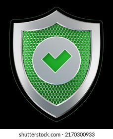 Validation is OK. Front view at a metallic shield with a checkmark sign on it. 3D rendering graphics isolated on a black background.