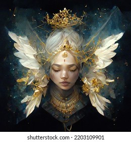 Valkyrie Queen, Angel, Crowned In Gold And Crystals. Double Crown Motif With Wings Depicting Purity Of Innocence.