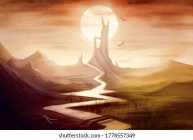Valley With Dead Trees And A Castle In The Distance, With High And Gloomy Mountains, A Winding Long River, Against A Cloudy Sky And A Large Bright Sun With Dragons Circling Over A High Magic Tower.