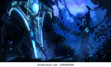 A valley in the night light with many creepers and abandoned ruins, in the middle of it is stuck a beautiful glowing blue magic sword entangled with creepers. 2d illustration.