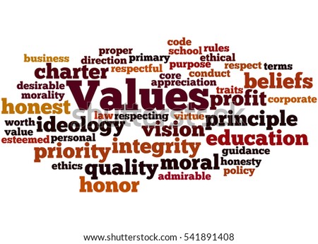 Values, word cloud concept on white background.