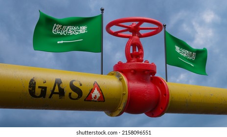 Valve on the main gas pipeline Saudi Arabia, Pipeline with flags Saudi Arabia, Pipes of gas from Saudi Arabia, 3D work and 3D image