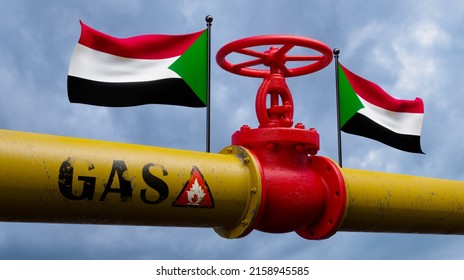 Valve on the main gas pipeline Sudan. Pipeline with flags Sudan. Pipes of gas from Sudan. 3D work and 3D image