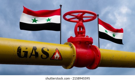 Valve On The Main Gas Pipeline Syria. Pipeline With Flags Syria. Pipes Of Gas From Syria. 3D Work And 3D Image