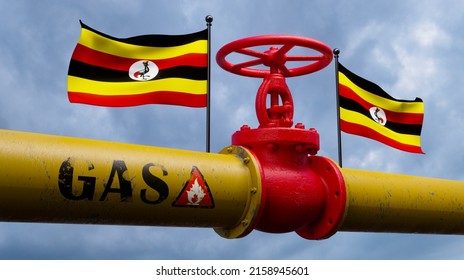 Valve on the main gas pipeline Uganda. Pipeline with flags Uganda. Pipes of gas from Uganda. 3D work and 3D image