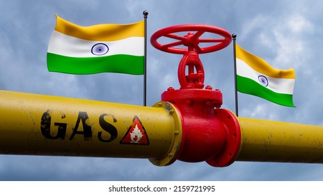 Valve On The Main Gas Pipeline India, Pipeline With Flags India, Pipes Of Gas From India, 3D Work And 3D Image