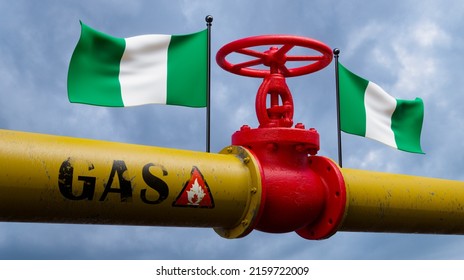 Valve On The Main Gas Pipeline Nigeria, Pipeline With Flags Nigeria, Pipes Of Gas From Nigeria, 3D Work And 3D Image