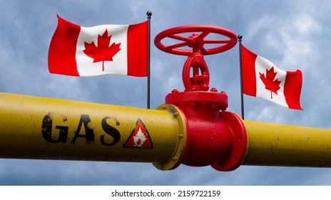 Valve On The Main Gas Pipeline Canada, Pipeline With Flags Canada, Pipes Of Gas From Canada, 3D Work And 3D Image