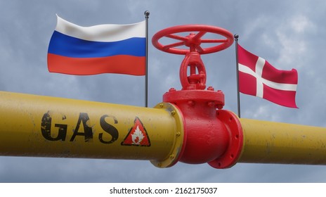 Valve On The Main Gas Pipeline Russia To Denmark, Pipeline With Flags Russia And Denmark, Pipes Of Gas From Russia To Denmark, 3D Work And 3D Image