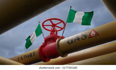 Valve On The Main Gas Pipeline Nigeria, Pipeline With Flags Nigeria, Pipes Of Gas From Nigeria, Export Of Gas By Nigeria, 3D Work And 3D Image