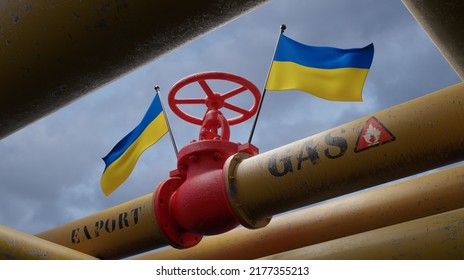 Valve On The Main Gas Pipeline Ukraine, Pipeline With Flags Ukraine, Pipes Of Gas From Ukraine, Export Of Gas By Ukraine, 3D Work And 3D Image