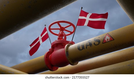 Valve On The Main Gas Pipeline Denmark, Pipeline With Flags Denmark, Pipes Of Gas To Denmark, Import Of Gas To Denmark, 3D Work And 3D Image