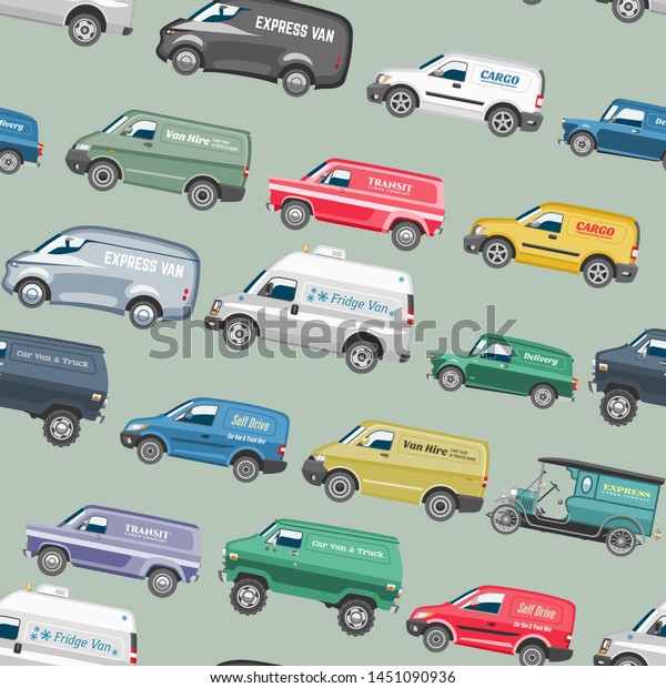 Van car minivan delivery cargo auto vehicle\
family minibus truck and automobile banner isolated van citycar\
seamless pattern\
background