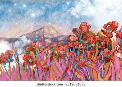 Van Gogh's Irises border background, vintage painting. 