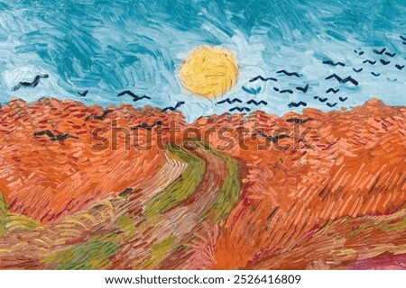 Van Gogh's Wheatfield with Crows background, vintage artwork. Vintage field background art drawing illustration, old painting art of Van Gogh. Vintage field art digital collage background.