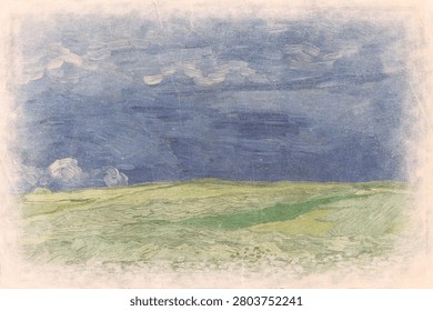 Van Gogh's Wheatfield under Thunderclouds (1890). Vintage textured poster.