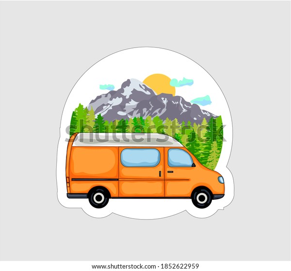 Van Life sticker. Orange van with forest\
and mountains in the background. Living van life, camping in the\
nature, travelling.\
Illustration.
