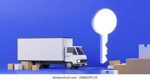 Van with parcels, empty copy space key hole sign and blue background. Concept of furniture delivery, relocation, moving house and new apartment. 3D rendering illustration
