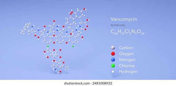 vancomycin molecule, molecular structure, glycopeptide antibiotic, 3d model, Structural Chemical Formula and Atoms with Color Coding