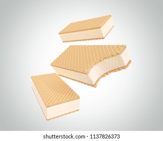 Vanilla Ice Cream Sandwich Wafer Isolated On White Background, 3D Illustration.