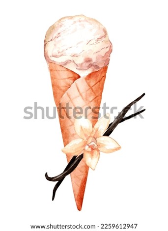 Vanilla ice cream in a waffle cone. Watercolor hand drawn illustration of summer dessert