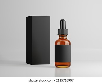 Vape bottle with liquid, blank black label and box on white background. 3d rendering mockup template
