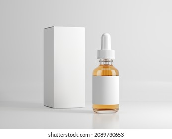 Vape bottle with liquid, blank label and box on white background. 3d rendering mockup template