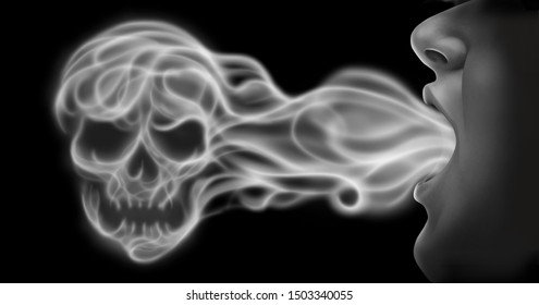 Vaping danger and toxic air health risk as a person exhaling steam smoke or vapour shaped as a human skull from an electronic cigarette in a 3D illustration style.