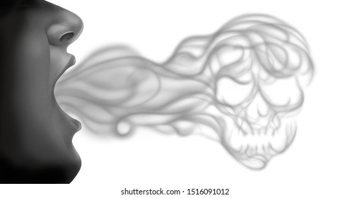 Vaping Death And Lung Disease Health Risk As A Person Exhaling Steam Smoke Or Vapor Shaped As Human Skull From An Electronic Cigarette In A 3D Illustration Style On A White Background.