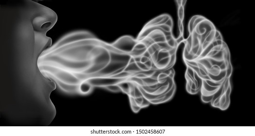 Vaping And Lung Disease Health Risk As A Person Exhaling Steam Smoke Or Vapour Shaped As Human Lungs From An Electronic Cigarette In A 3D Illustration Style.