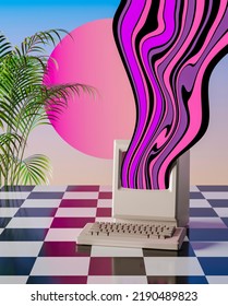 Vapor Synth Retro Wave Computer Vintage Style Background Concept. 3d Rendering