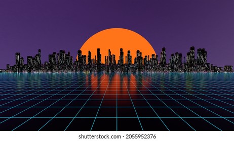 Vaporwave Cyberpank City Background With Road, Houses, Big Sun, And Sunset On Horizon. Neon Light. 3D Illustration, 3D Rendering.